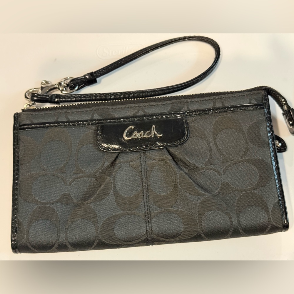Coach Black Signature Logo Wristlet with Strap